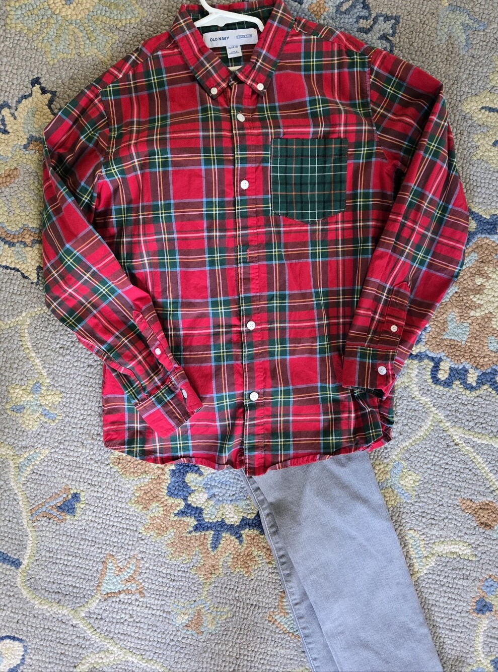 Old Navy Boys Red Plaid Button Down With Gray Karate Slim Jeans